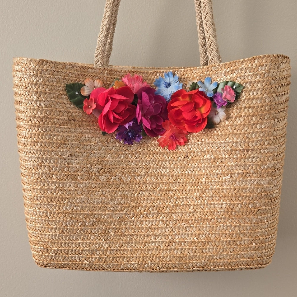 Cappelli Straworld Inc Floral Embellished Straw  Woven Tote Bag